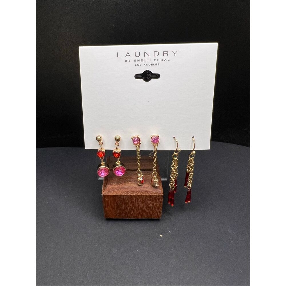 New Laundry By Shelli Segal Gold Tone Pink Red Rhinestone Dangle Earrings 3 Set